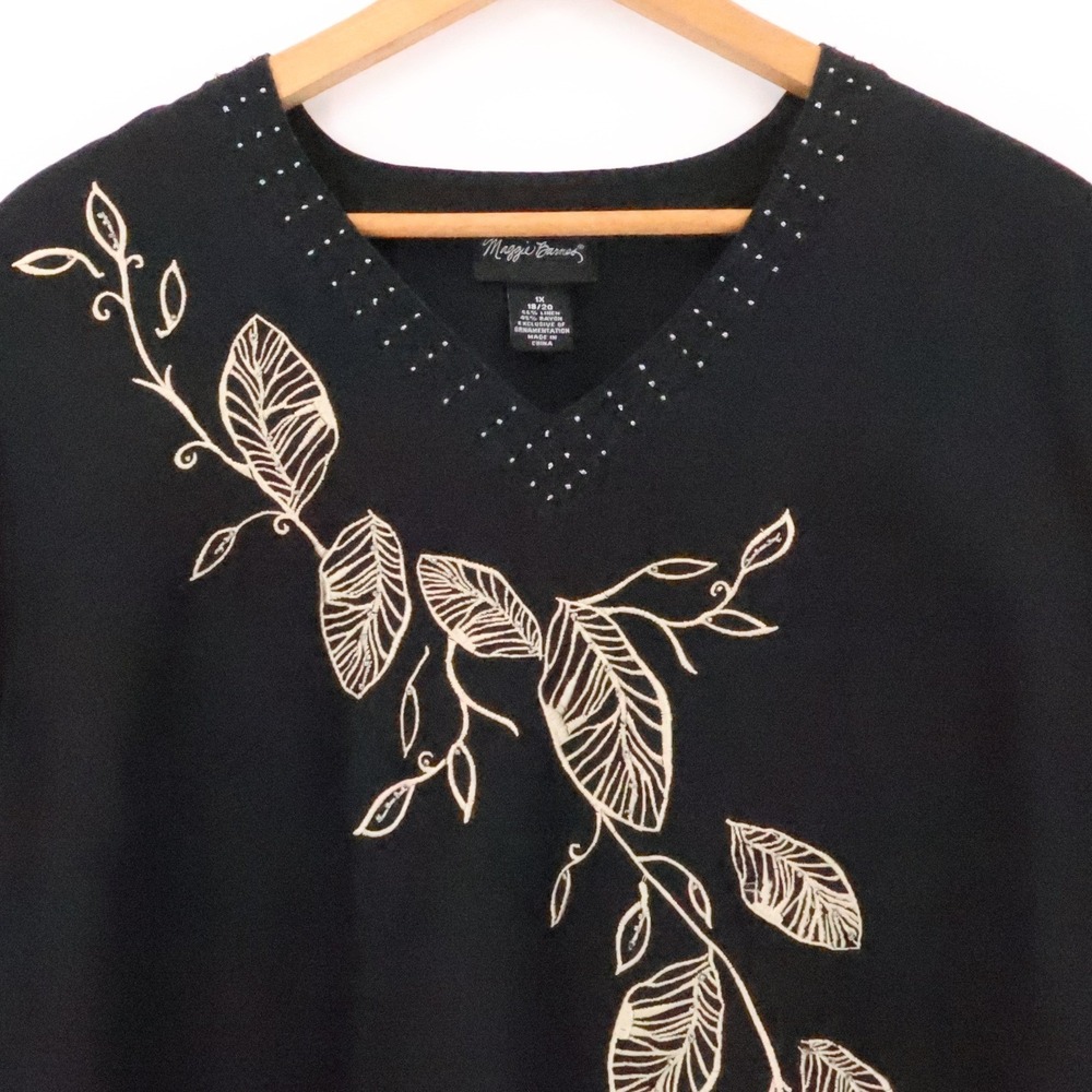 Maggie Barnes Black Linen Blend Tunic Top‎ Embroidered Beaded Plus Size  1X - Picture 2 of 11